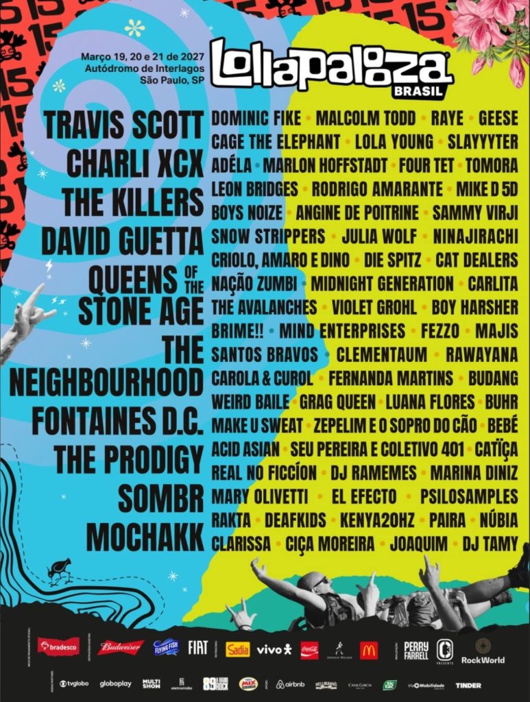 Lollapalooza 2027 anuncia line-up com Charli XCX, Travis Scott, The Killers e David Guetta